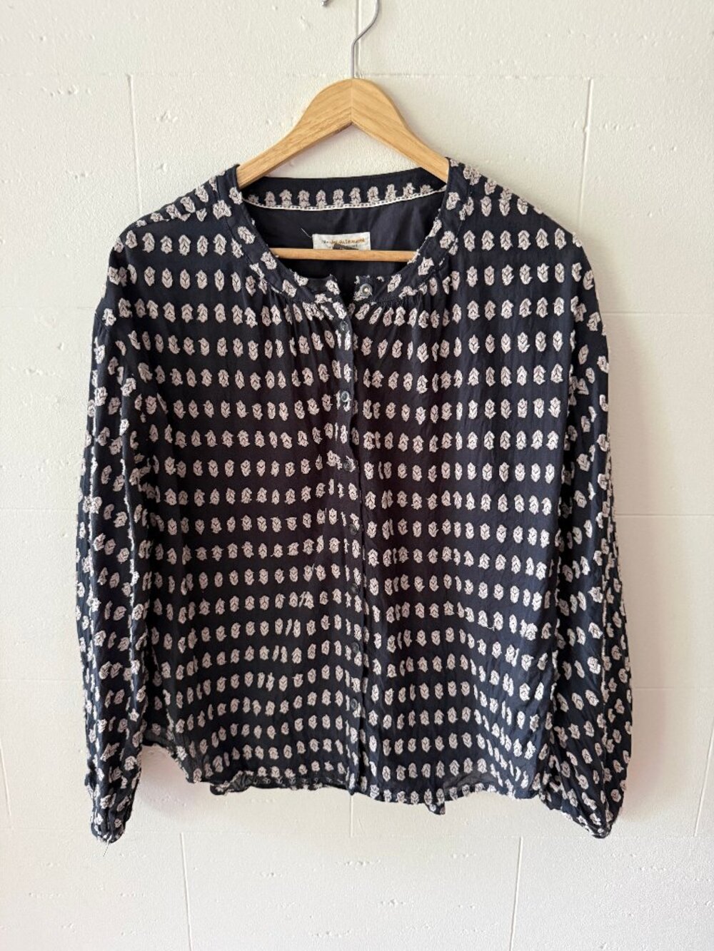 Anthropologie | Textured Grey Polkadot Cotton Long Sleeve Blouse | Medium